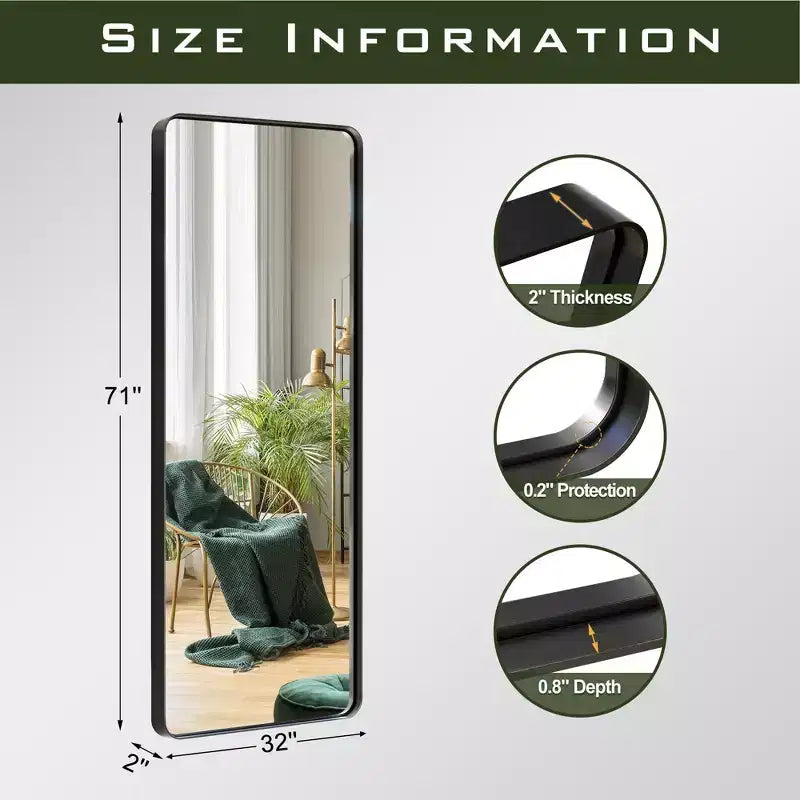 Specchio a parete a figura intera rettangolare nero, singolo, 71" x 31.5"