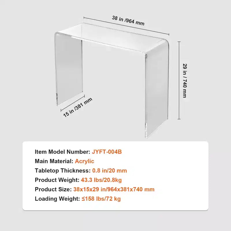 Consolle in acrilico trasparente, tavolino a forma di C, 96,5x38x73,6 cm, uso individuale