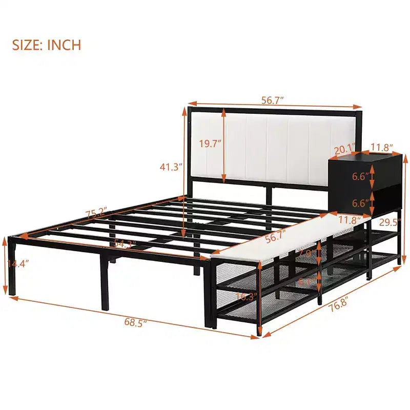 Letto a piattaforma matrimoniale nero con ripiani e armadio, 2 persone