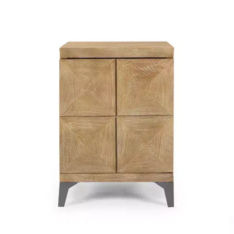 Mobiletto a un'anta in rovere sabbiato in stile boho, in legno di mango con gambe in ferro, 1 pezzo