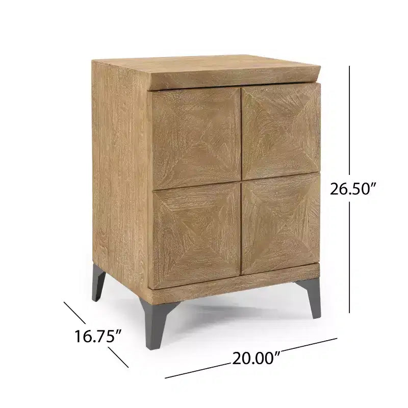 Mobiletto a un'anta in rovere sabbiato in stile boho, in legno di mango con gambe in ferro, 1 pezzo