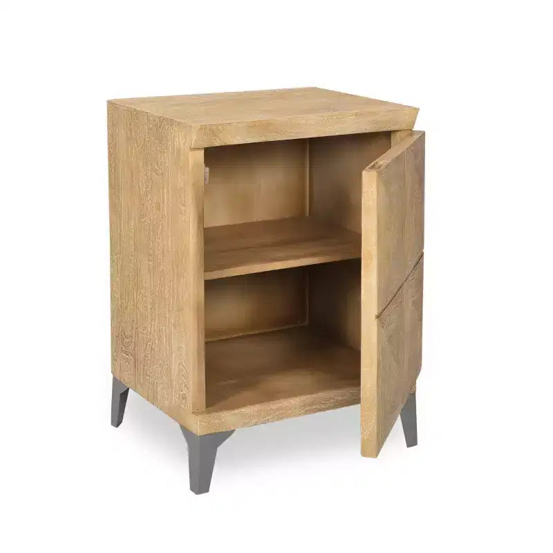 Mobiletto a un'anta in rovere sabbiato in stile boho, in legno di mango con gambe in ferro, 1 pezzo