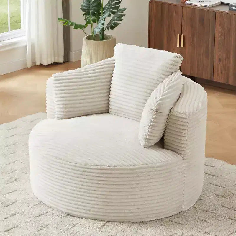 Poltrona rotonda d'accento in velluto a coste beige, seduta singola, con schienale imbottito