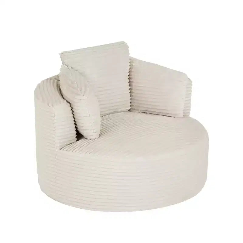 Poltrona rotonda d'accento in velluto a coste beige, seduta singola, con schienale imbottito