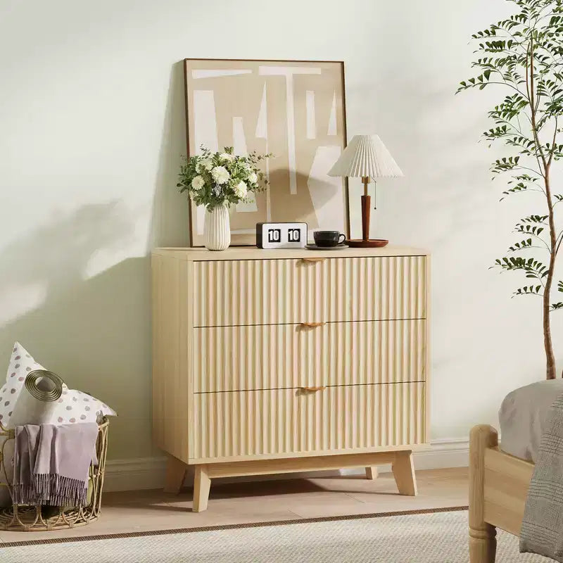 Cassettiera a 3 cassetti in legno naturale con scanalature, a uso singolo, 81L x 41P x 79A cm