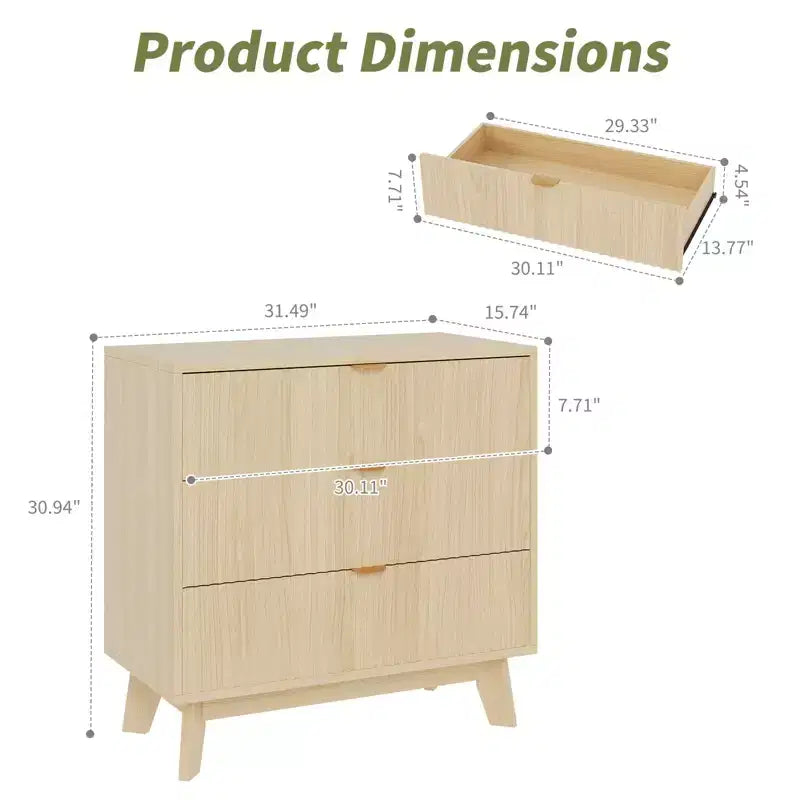 Cassettiera a 3 cassetti in legno naturale con scanalature, a uso singolo, 81L x 41P x 79A cm