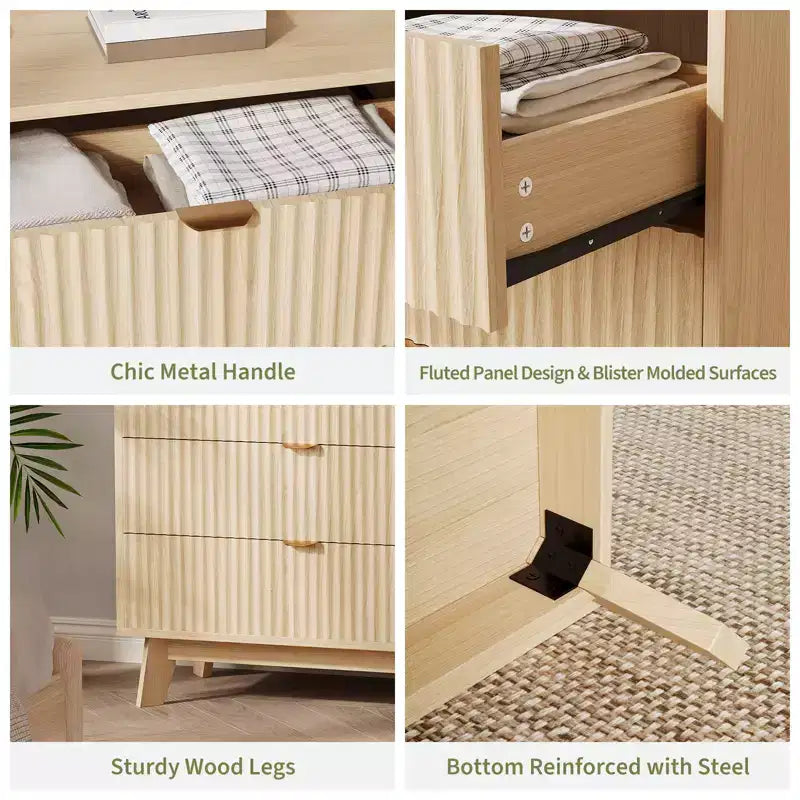 Cassettiera a 3 cassetti in legno naturale con scanalature, a uso singolo, 81L x 41P x 79A cm