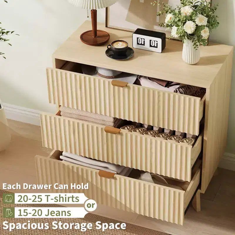 Cassettiera a 3 cassetti in legno naturale con scanalature, a uso singolo, 81L x 41P x 79A cm