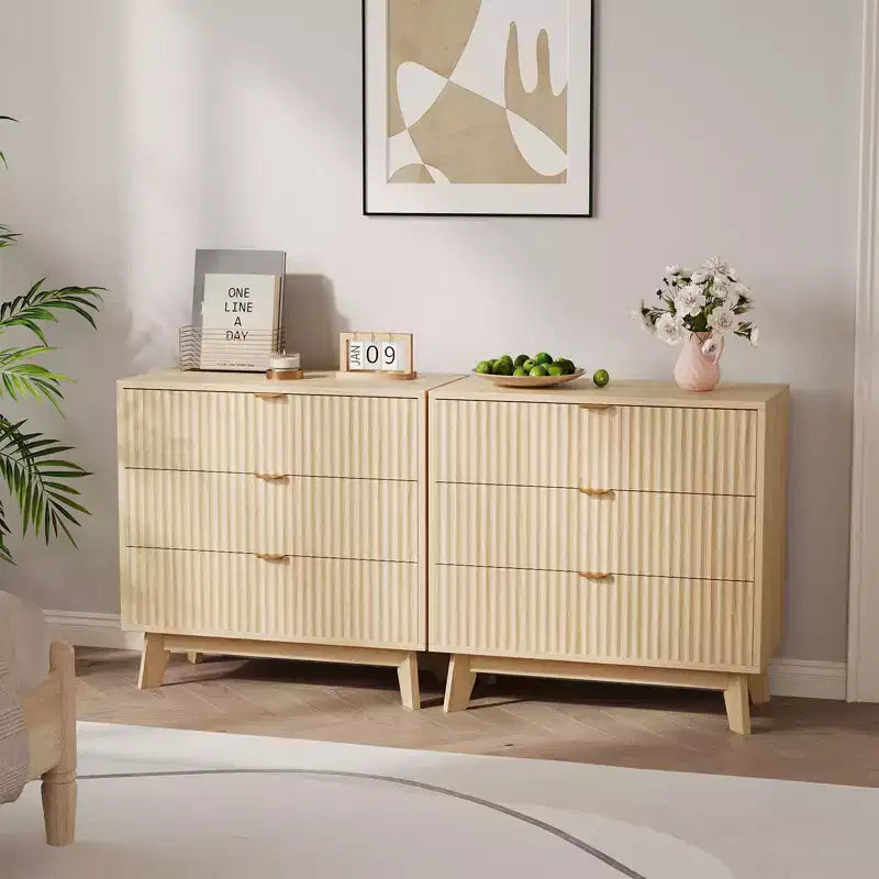 Cassettiera a 3 cassetti in legno naturale con scanalature, a uso singolo, 81L x 41P x 79A cm
