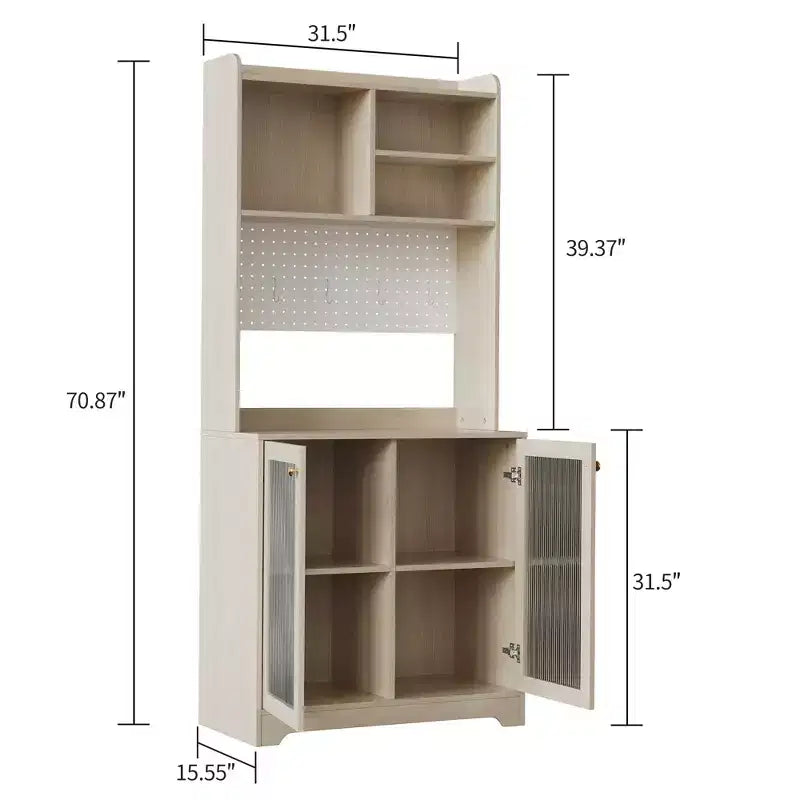 Dispensa da cucina White & Natural da 180 cm con ante in vetro, pannello forato e ripiani aperti