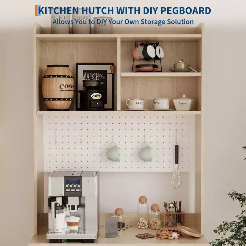 Dispensa da cucina White & Natural da 180 cm con ante in vetro, pannello forato e ripiani aperti