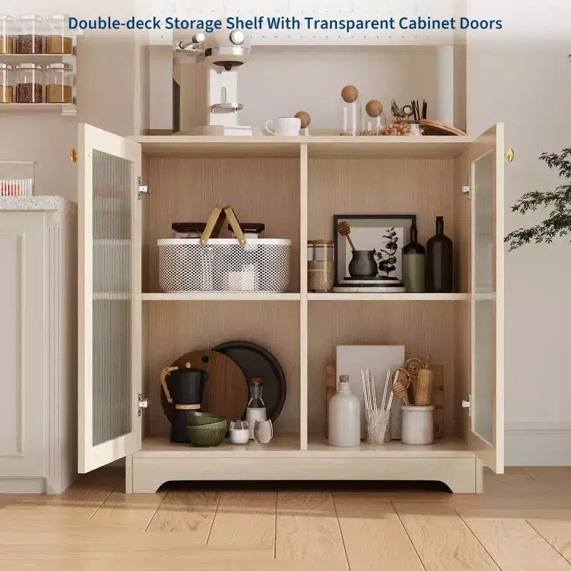 Dispensa da cucina White & Natural da 180 cm con ante in vetro, pannello forato e ripiani aperti