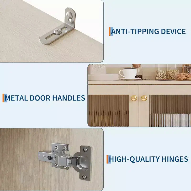 Dispensa da cucina White & Natural da 180 cm con ante in vetro, pannello forato e ripiani aperti