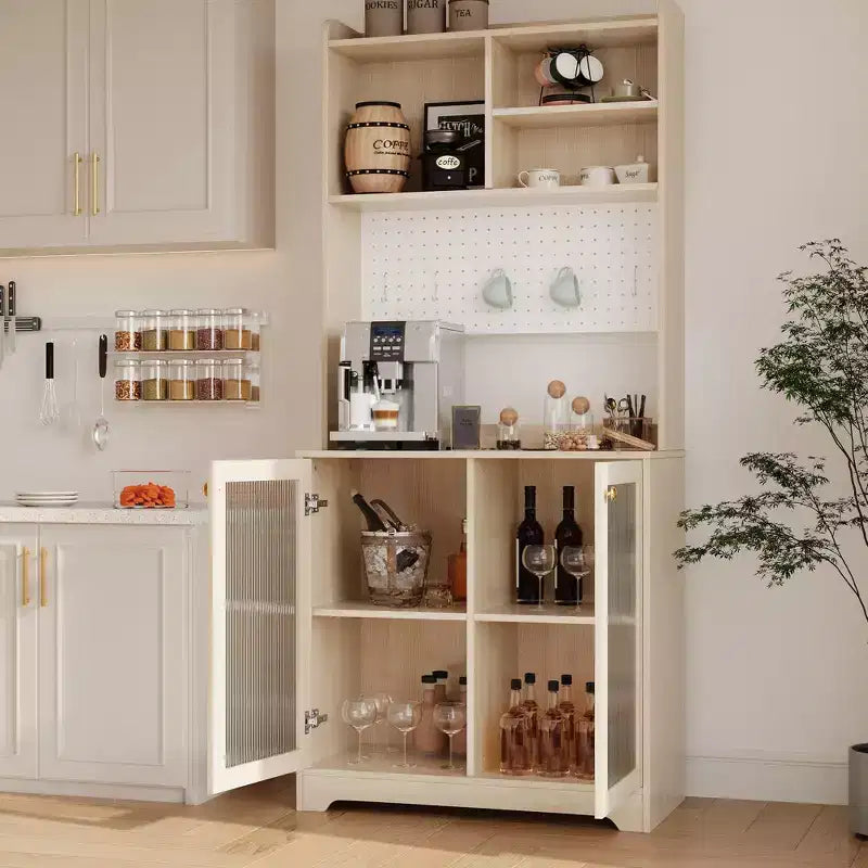 Dispensa da cucina White & Natural da 180 cm con ante in vetro, pannello forato e ripiani aperti