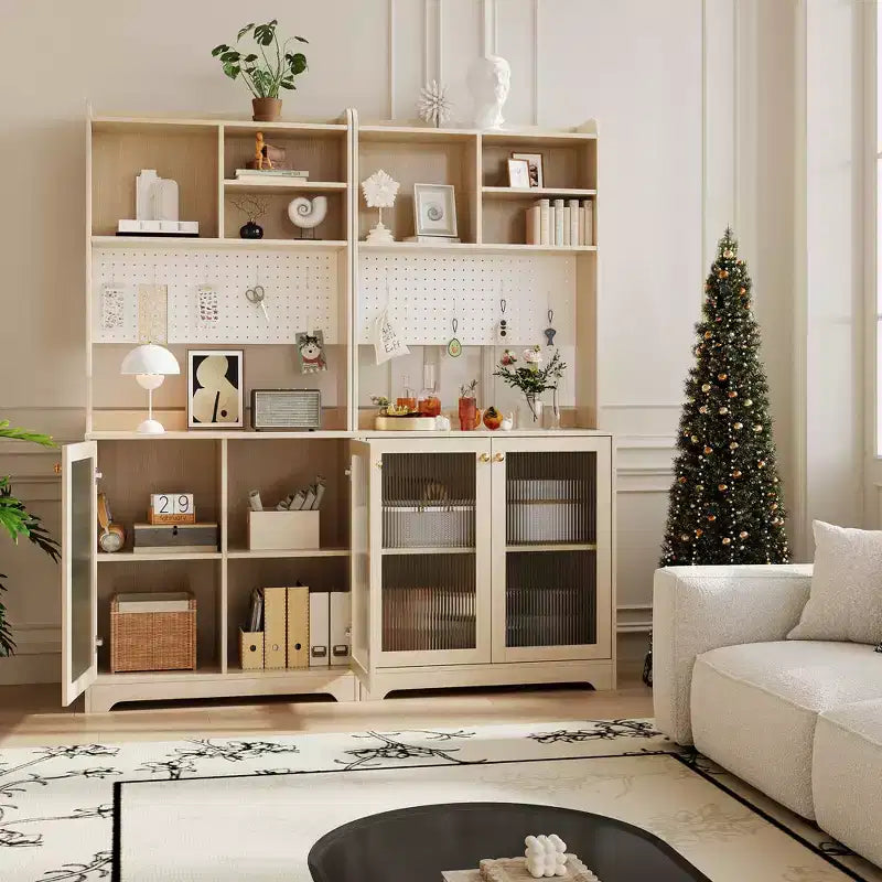 Dispensa da cucina White & Natural da 180 cm con ante in vetro, pannello forato e ripiani aperti