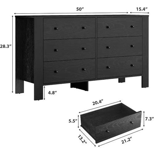 Comò nero a 6 cassetti, largo 127 cm, pomelli in metallo, struttura in legno