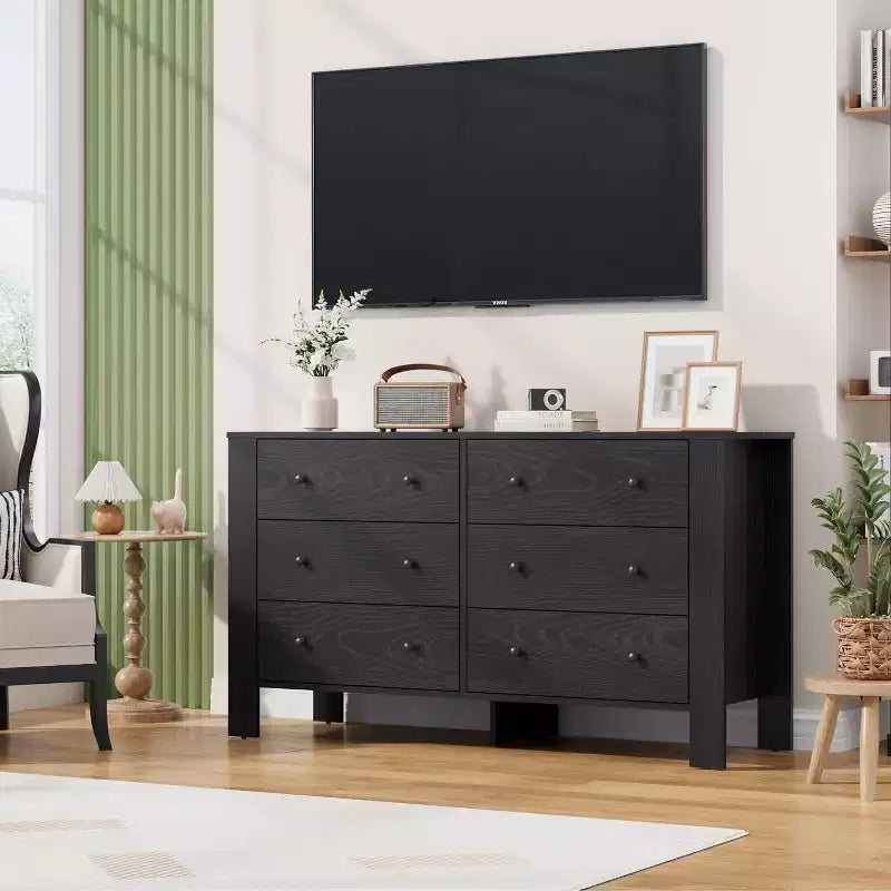 Comò nero a 6 cassetti, largo 127 cm, pomelli in metallo, struttura in legno