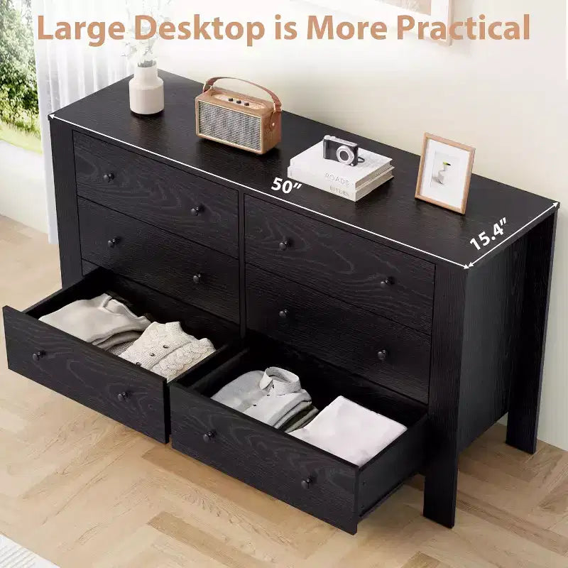 Comò nero a 6 cassetti, largo 127 cm, pomelli in metallo, struttura in legno