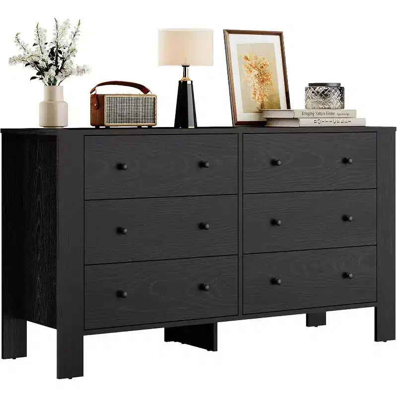 Comò nero a 6 cassetti, largo 127 cm, pomelli in metallo, struttura in legno