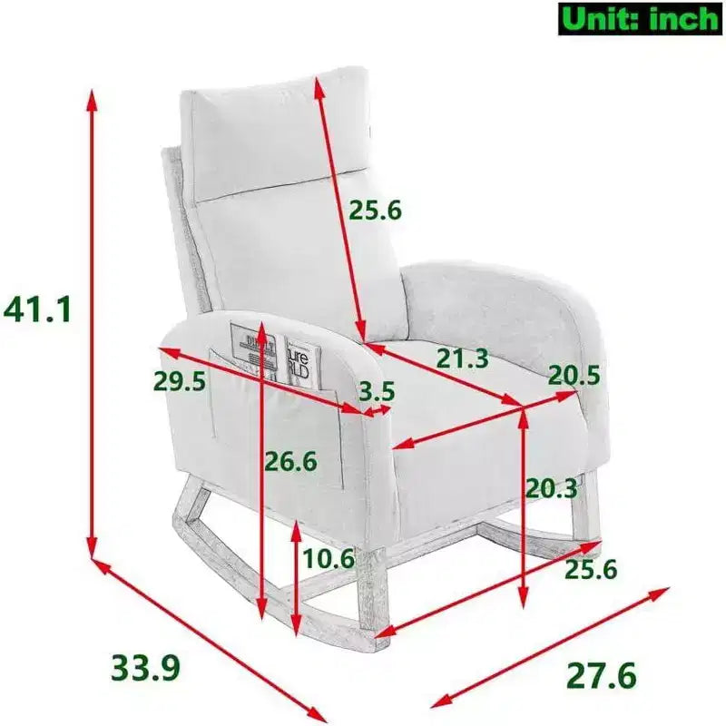 Sedia a dondolo alta con schienale in bouclé color crema e tasche laterali – Seduta singola