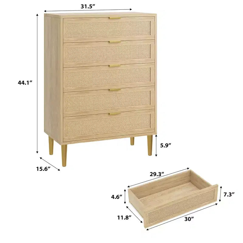 Comodino a 5 cassetti stretto nero/naturale con frontale in rattan, gambe e maniglie in metallo, per 1 persona