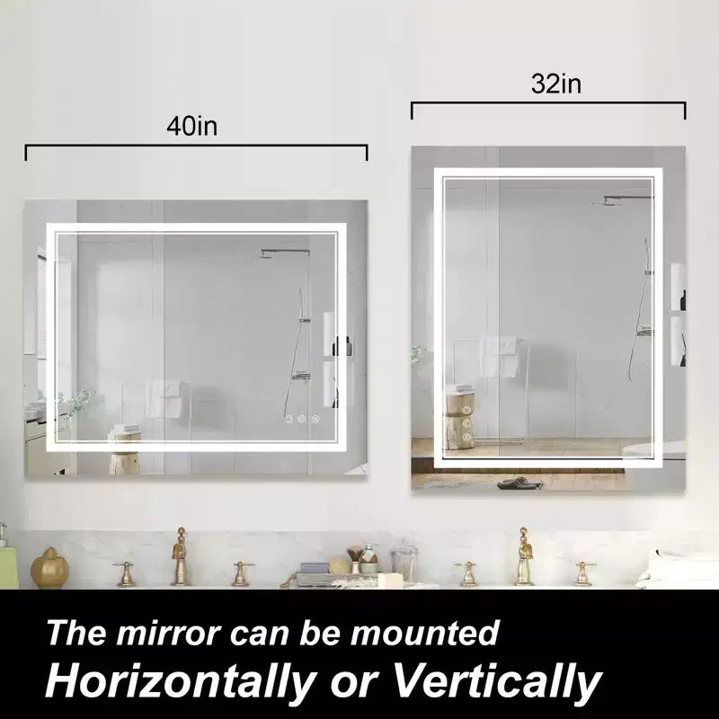 Specchio da bagno a parete senza cornice bianco, a LED, dimmerabile, antiappannamento, singolo, 40" x 32"