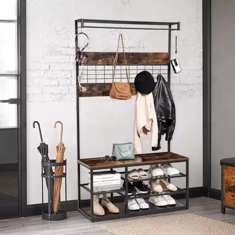 Appendiabiti da ingresso in stile rustico industriale Brown & Black, con porta scarpe a 3 ripiani e 5 ganci