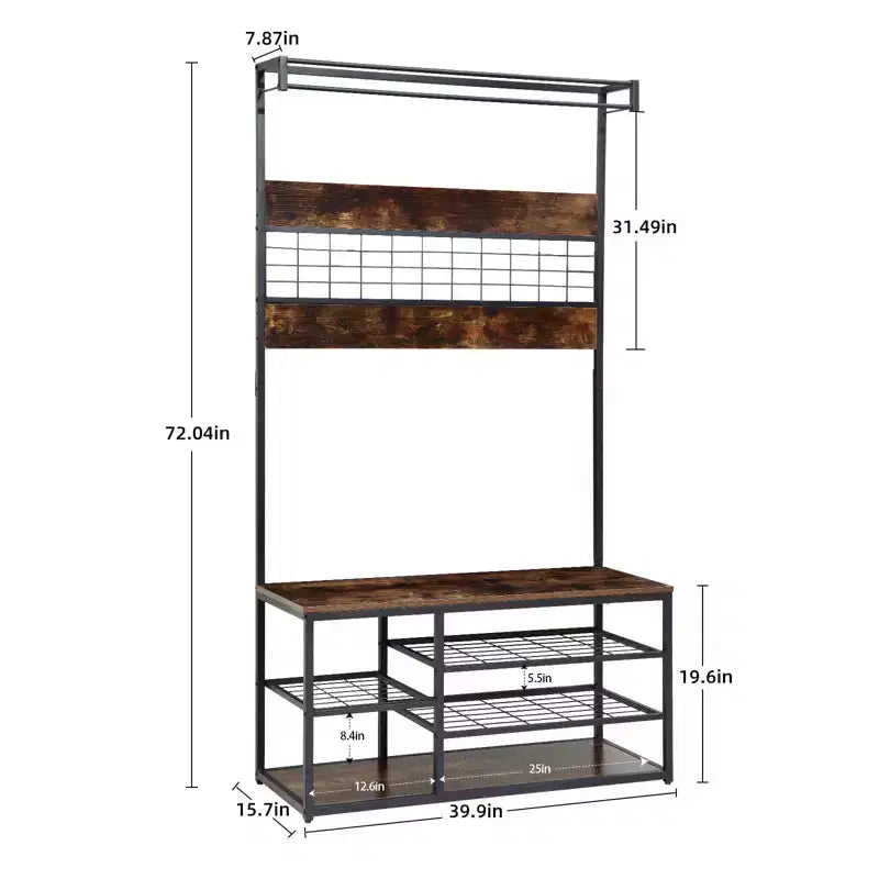 Appendiabiti da ingresso in stile rustico industriale Brown & Black, con porta scarpe a 3 ripiani e 5 ganci