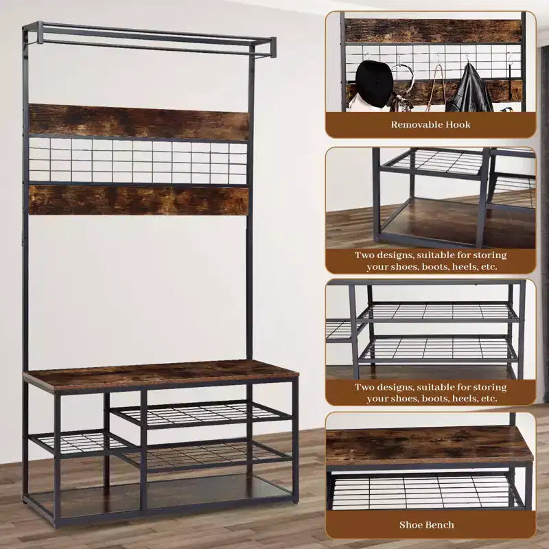 Appendiabiti da ingresso in stile rustico industriale Brown & Black, con porta scarpe a 3 ripiani e 5 ganci