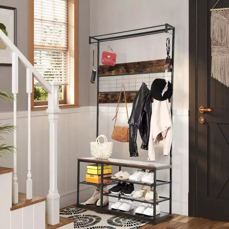 Appendiabiti da ingresso in stile rustico industriale Brown & Black, con porta scarpe a 3 ripiani e 5 ganci