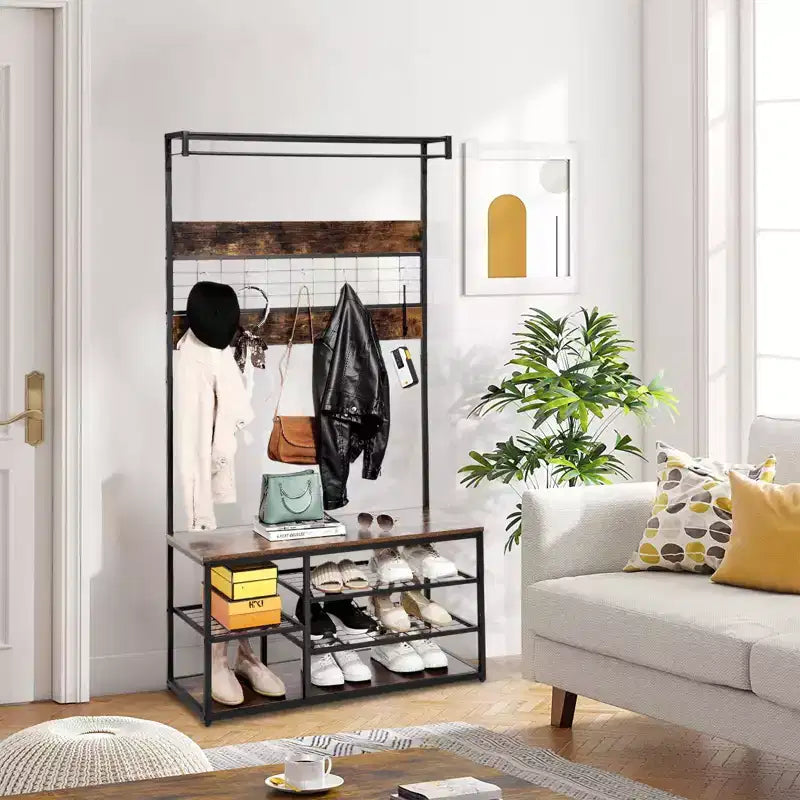 Appendiabiti da ingresso in stile rustico industriale Brown & Black, con porta scarpe a 3 ripiani e 5 ganci