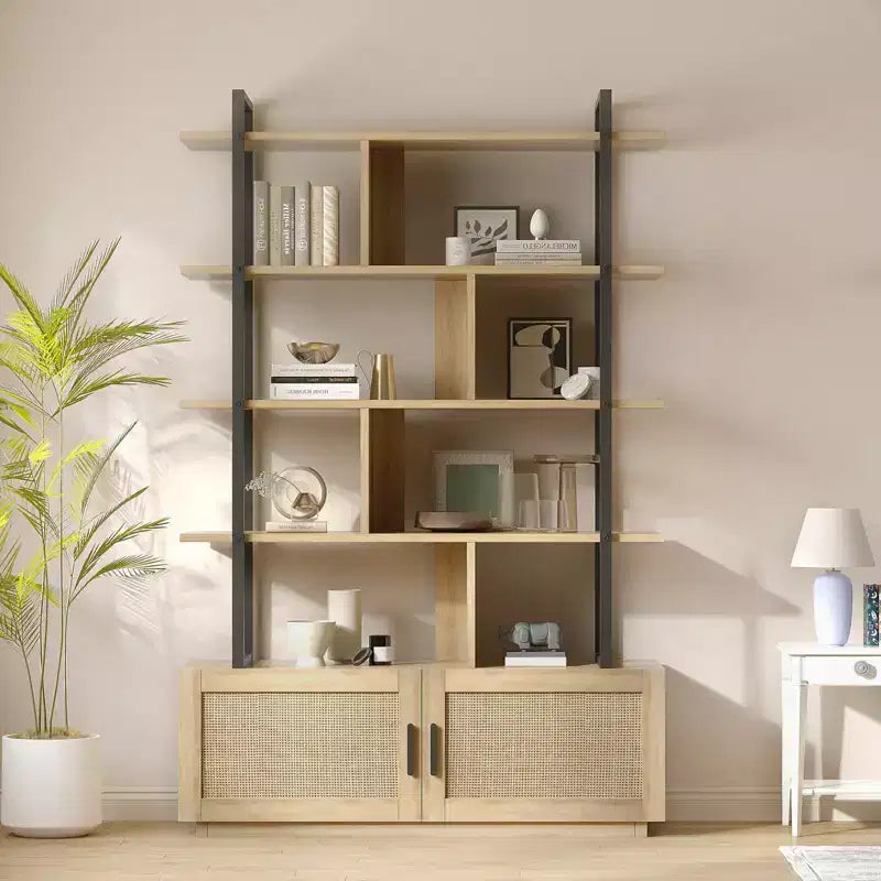 Libreria a 5 ripiani con anta, colore nero/legno, alta 180,6 cm, con ripiani aperti, per adulti