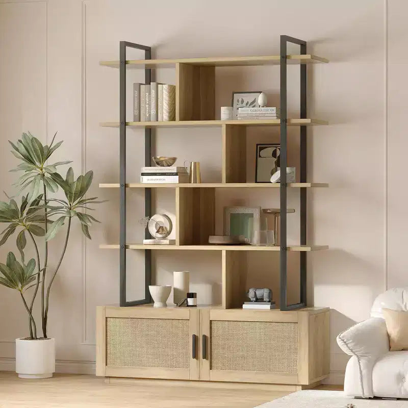 Libreria a 5 ripiani con anta, colore nero/legno, alta 180,6 cm, con ripiani aperti, per adulti