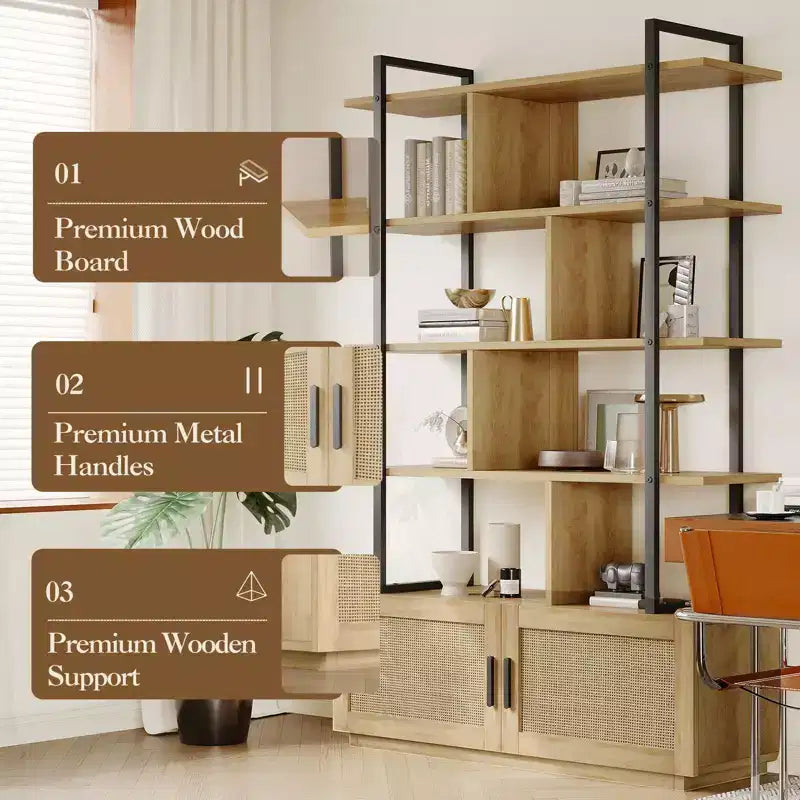 Libreria a 5 ripiani con anta, colore nero/legno, alta 180,6 cm, con ripiani aperti, per adulti
