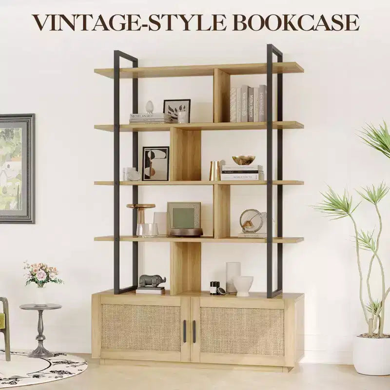 Libreria a 5 ripiani con anta, colore nero/legno, alta 180,6 cm, con ripiani aperti, per adulti