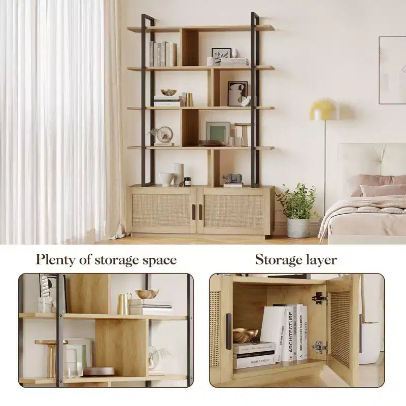 Libreria a 5 ripiani con anta, colore nero/legno, alta 180,6 cm, con ripiani aperti, per adulti