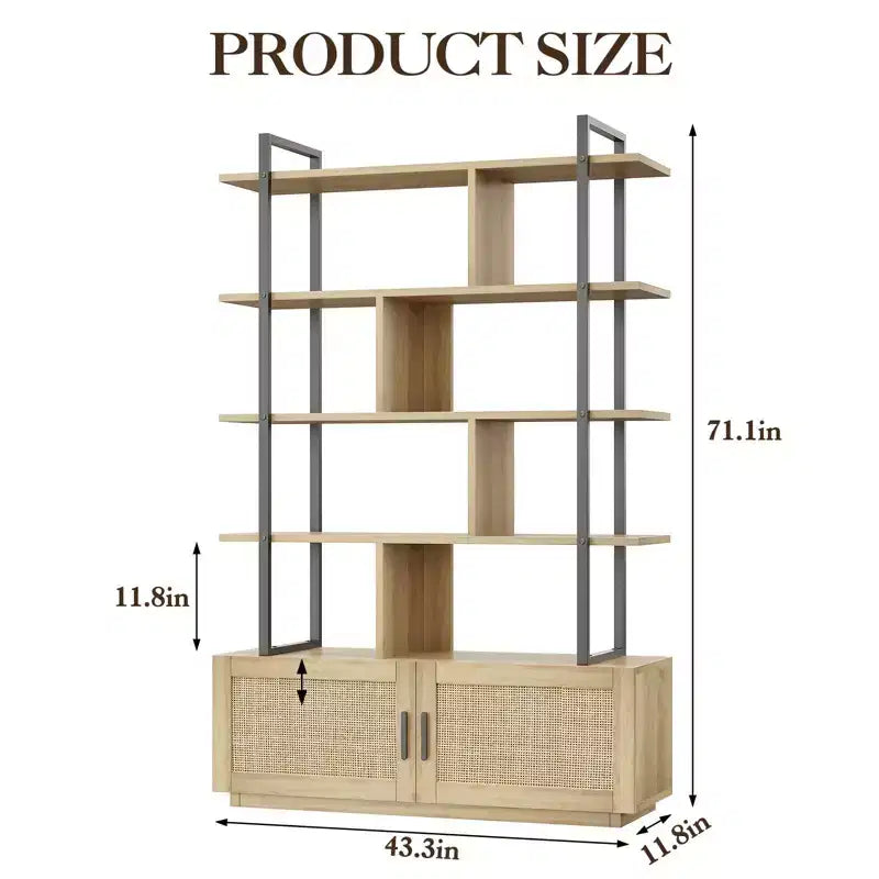 Libreria a 5 ripiani con anta, colore nero/legno, alta 180,6 cm, con ripiani aperti, per adulti