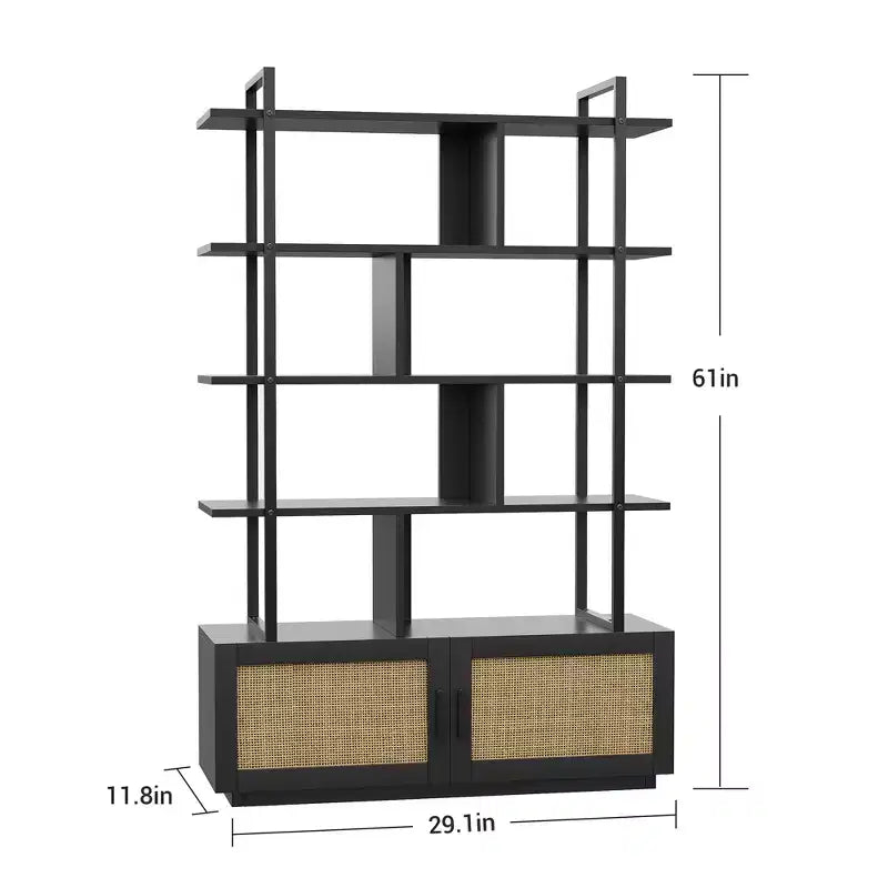 Libreria a 5 ripiani con anta, colore nero/legno, alta 180,6 cm, con ripiani aperti, per adulti