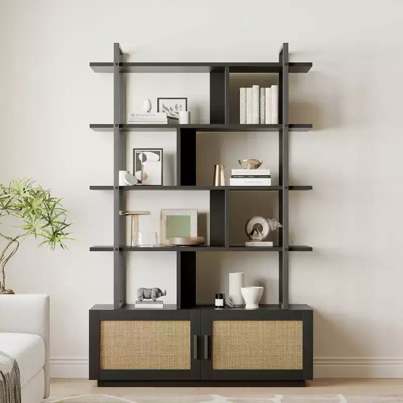 Libreria a 5 ripiani con anta, colore nero/legno, alta 180,6 cm, con ripiani aperti, per adulti