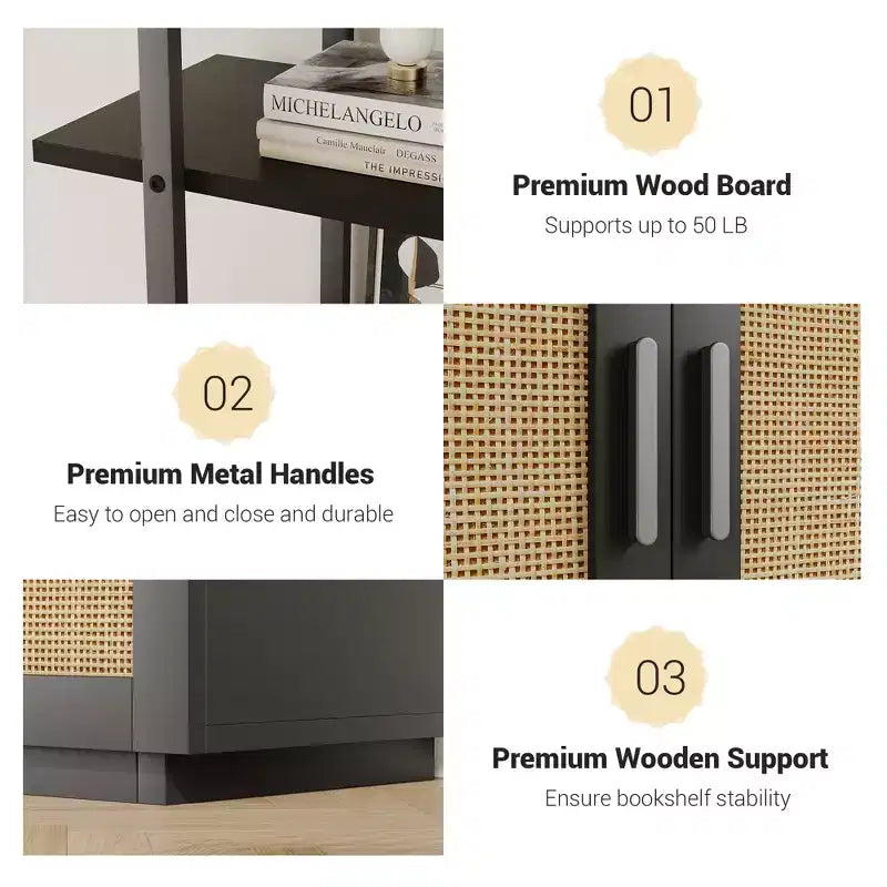 Libreria a 5 ripiani con anta, colore nero/legno, alta 180,6 cm, con ripiani aperti, per adulti