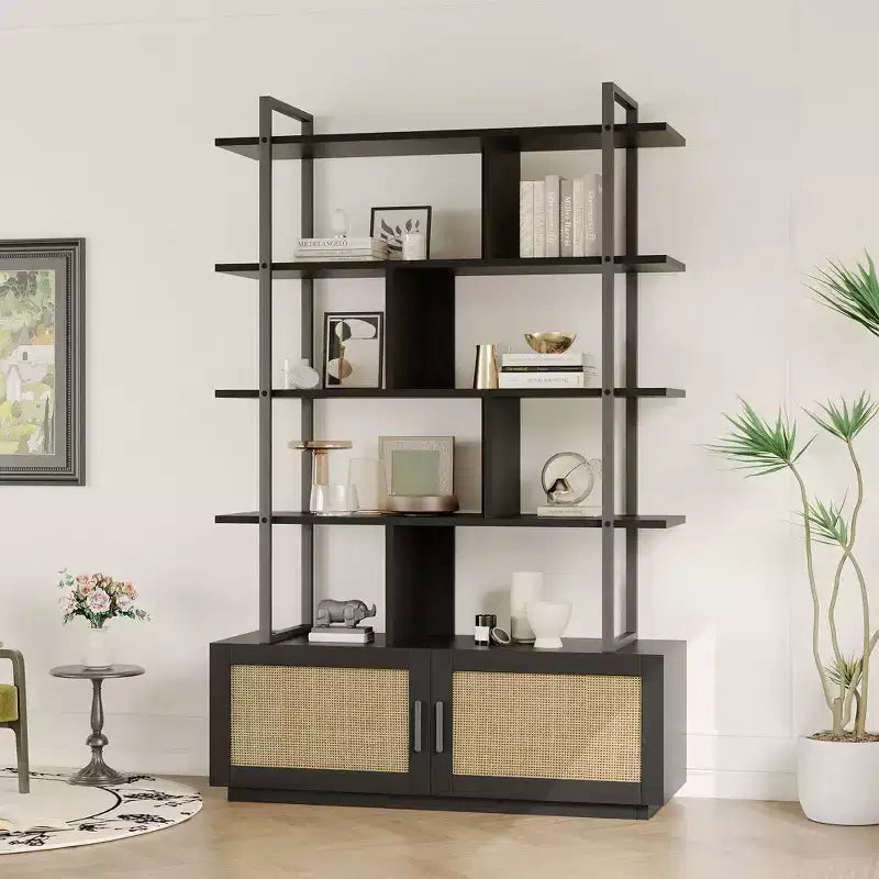 Libreria a 5 ripiani con anta, colore nero/legno, alta 180,6 cm, con ripiani aperti, per adulti