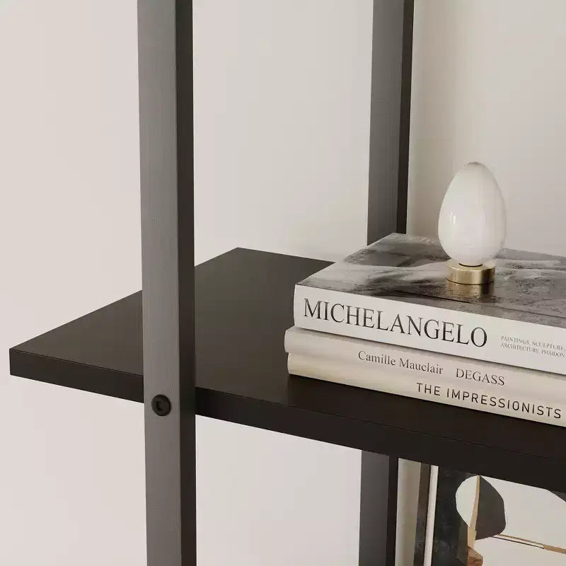 Libreria a 5 ripiani con anta, colore nero/legno, alta 180,6 cm, con ripiani aperti, per adulti
