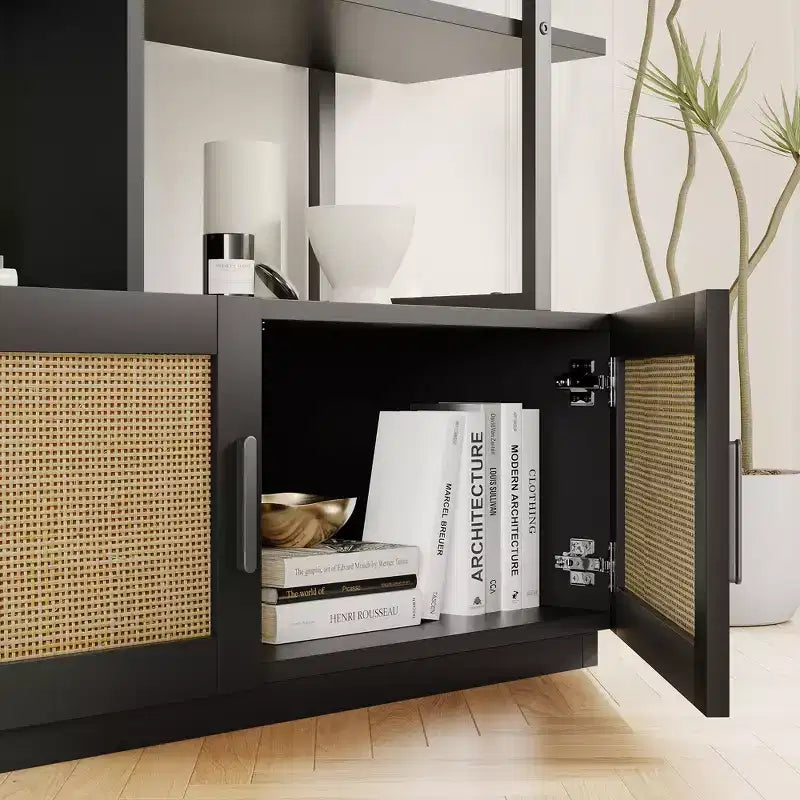 Libreria a 5 ripiani con anta, colore nero/legno, alta 180,6 cm, con ripiani aperti, per adulti