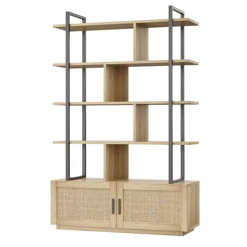 Libreria a 5 ripiani con anta, colore nero/legno, alta 180,6 cm, con ripiani aperti, per adulti