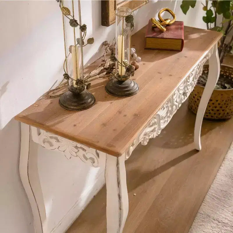 Tavolo consolle in stile rustico francese Off-White & Marrone, gambe intagliate, 1 pezzo