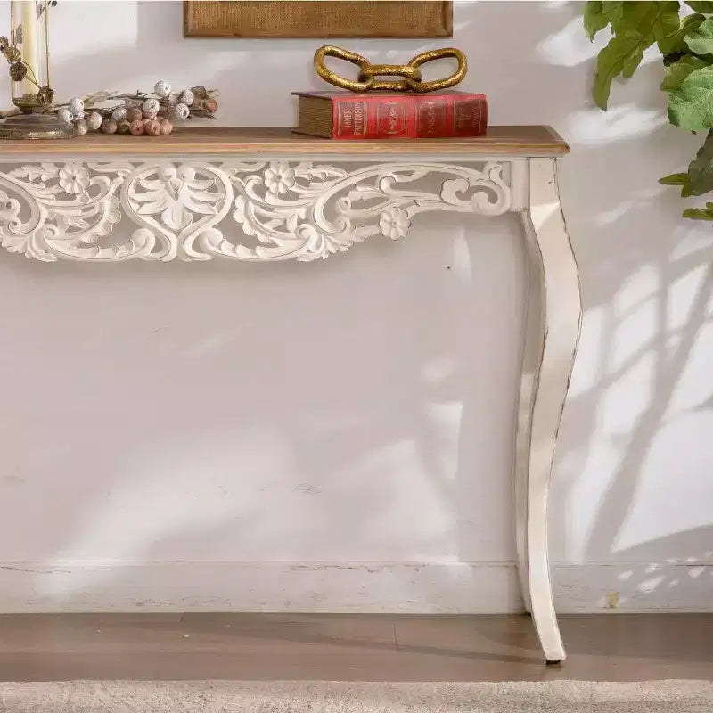 Tavolo consolle in stile rustico francese Off-White & Marrone, gambe intagliate, 1 pezzo