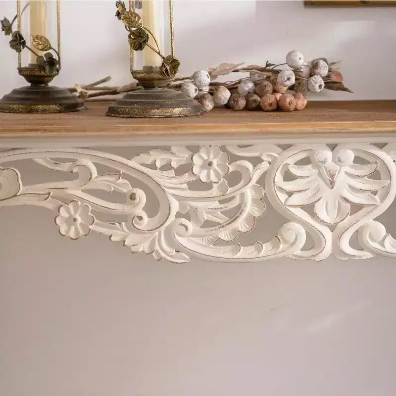Tavolo consolle in stile rustico francese Off-White & Marrone, gambe intagliate, 1 pezzo