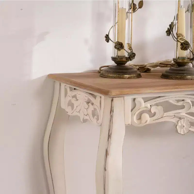 Tavolo consolle in stile rustico francese Off-White & Marrone, gambe intagliate, 1 pezzo