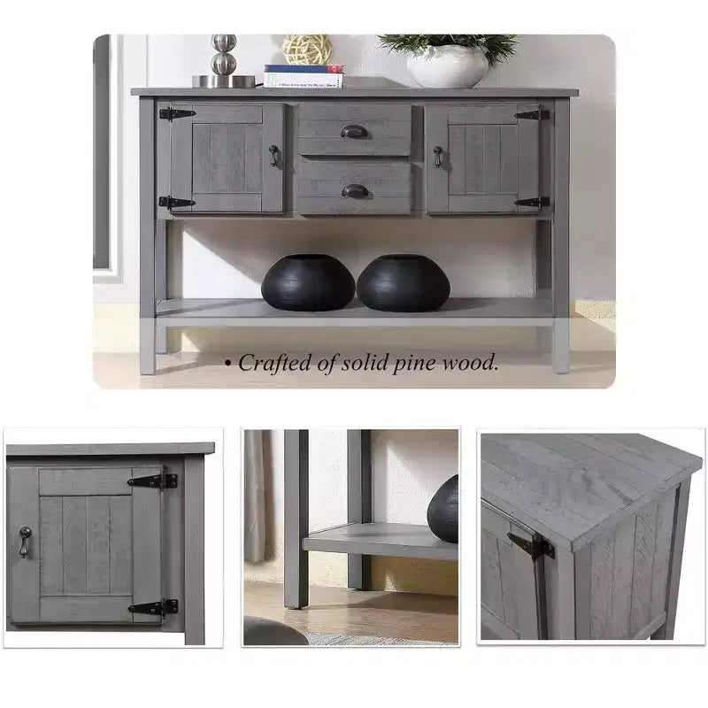 Consolle Grigia Stile Rustico, 2 Cassetti e Ante, Legno Massello, 122cm L x 84cm H, 1 Pezzo