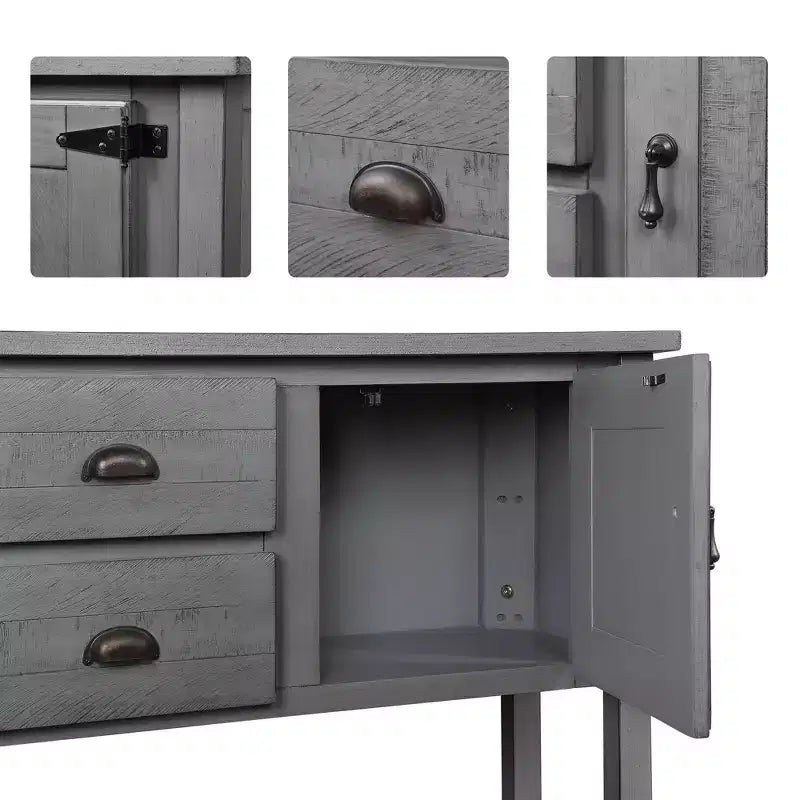 Consolle Grigia Stile Rustico, 2 Cassetti e Ante, Legno Massello, 122cm L x 84cm H, 1 Pezzo